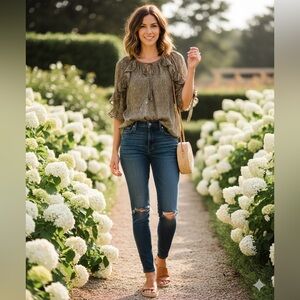 Fifteen Twenty Sage Floral Lurex Ruffle Sleeve Blouse Size M